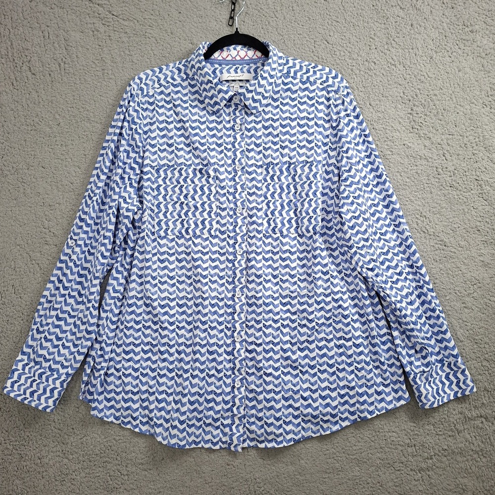 Foxcroft Sun Protection UPF 50 Tunic Top 16W Blue Waves Beach Button Up Roll Tab